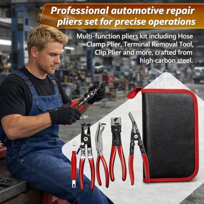 5PCS Automotive Electrical Disconnect Pliers Kit with Leather Storage Case | High-Carbon Steel Connector Separator, Hose Clamp & Trim Clip Removal Tools, Professional Set for Auto Repair & Maintenance