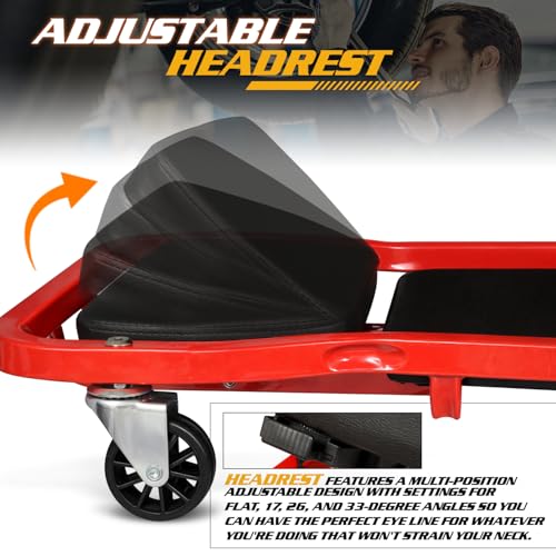 Magshion Mechanic Creeper Garage Automotive Floor Low Profile Roller Mechanics Tools, 44" 6 Caster Creeper with Adjustable Cushioned Headrest - 300 lbs Capacity (Red) - color: Red, size: 44"