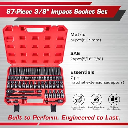 67-Piece 3/8” Impact Socket Set, SAE & Metric, CR-V & CR-Mo, Shallow/Deep/Swivel Sockets, Ratchet, Extension Bars & Adapters, Heavy-Duty Socket Set for Mechanics