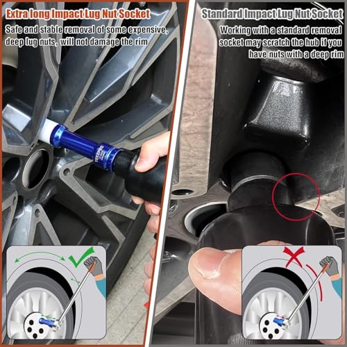 Greywolf 3 pcs Long Wheel Nut Socket Set，1/2 Inch Drive Nut Socket Set, Score Nut Thin Wall Wheel Impact Deep Socket Set, Extra Long 150mm Deep Socket for Wheel Nut Remover, Metric Sizes 17 19 21mm - size: 3