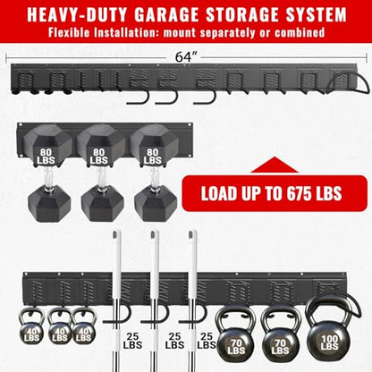 Garage Tool Organizer Wall Mount, Easy to 64inch Install Heavy-Duty Garage Storage System with 12 Adjustable Hooks, Garden Tool Rack for Shovels, Rakes, Yard Tools - size: 64" System - 12 Piece Set