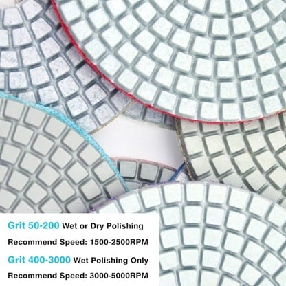 5 Inch Diamond Polishing Pads with 5/8’’-11 Hook & Loop Backing Pads, 10pcs Wet/Dry Concrete Polish Tools Kit for Drill, Grinder, Polisher, 50-3000 Grit Polishing Set for Marble Granite Quartz Stone - size: 5 Inch 50-3000 Grit