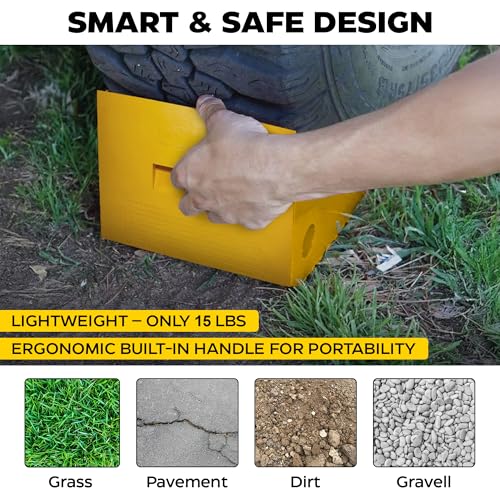 ESCO 12593 Wheel Chock 60 Ton | Heavy-Duty Wheel Chocks for Trailers, Trucks & Construction Vehicles | Polyurethane Tire Stopper | Safety Yellow | OSHA/MSHA Compliant | 46"-65" Tire Size - size: 60 Ton Load Capacity