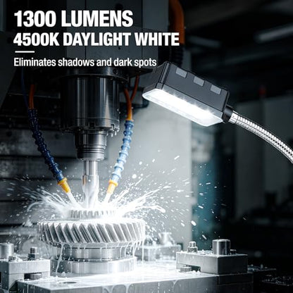 Magnetic Work Light, 1300 Lumens Led Machine Lights | Strong Magnetic Base, 20 inch Flexible Magnetic Lamp, For Garage, Workshop, Bandsaw, Lathe, Drill Press, 120V