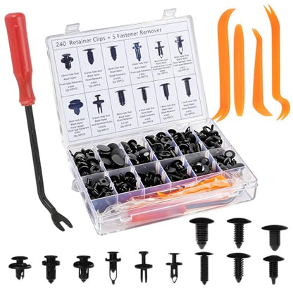 245Pcs Car Retainer Clips & Tools All-in-One Kit - 240 Black Push Pins (12 Sizes) with 5 Orange Pry Bars Stored Inside Box. Portable Bumper Fender Fastener Set for GM Ford (245Pcs) - style: 245pcs