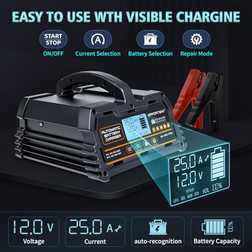 25A Battery Charger, 12V/24V Lead Acid, 12V LiFePO4. Smart Battery Charger with Trickle Charge. Car Battery Maintainer with LCD Display. Suitable for Trucks, Motorcycles - size: 25A