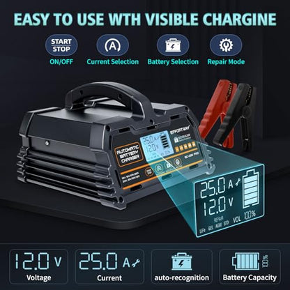 25A Battery Charger, 12V/24V Lead Acid, 12V LiFePO4. Smart Battery Charger with Trickle Charge. Car Battery Maintainer with LCD Display. Suitable for Trucks, Motorcycles - size: 25A