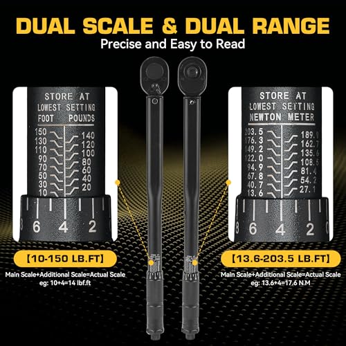 KOOPOOL 1/2 Torque Wrench, Torque Wrench 1/2 Drive, 10-170 Ft-Lb | 72-Tooth Reversible Ratchet, ±3% Precision,Dual Scale, for Car, Truck, Motorcycle Repair - size: 1/2" 10-150FT-LB