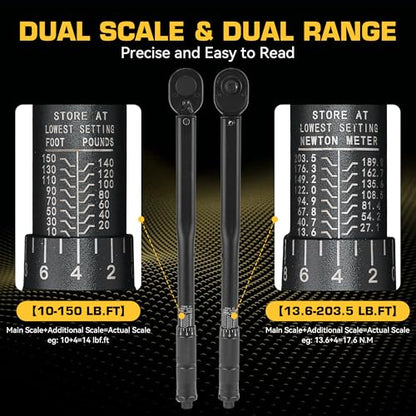 KOOPOOL 1/2 Torque Wrench, Torque Wrench 1/2 Drive, 10-170 Ft-Lb | 72-Tooth Reversible Ratchet, ±3% Precision,Dual Scale, for Car, Truck, Motorcycle Repair - size: 1/2" 10-150FT-LB
