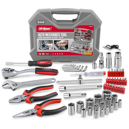 Hi-Spec Tools 67pc SAE Auto Mechanics Hand Tool Kit Set. Complete Car, Motorcycle, Engine & Garage Repairs with Sockets, Ratchet Wrench, Pliers & More - size: SAE_67 PCS