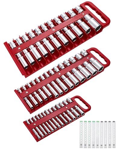 ALOANES Portable Magnetic Socket Organizer Tray Set, 3PC Heavy Duty Magnetic Socket Holder for Sockets Storage, Toolbox Socket Set Organizer Fit 1/4", 3/8" and 1/2" Drive, Sockets NOT Included(Red) - color: Red, size: 3PC