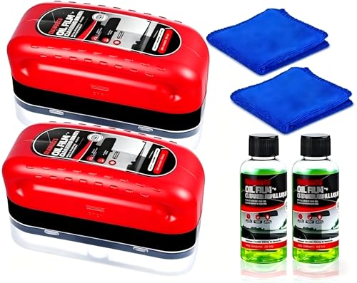 Automotive Oil Film Cleaning Brush for Car Windshield, Clear Vision Car Glass Cleaner with Towels, Press-and-Wipe Cleaner Removes Oil Film, Road Grime & Water Spots for Night & Rain, 2 Pack