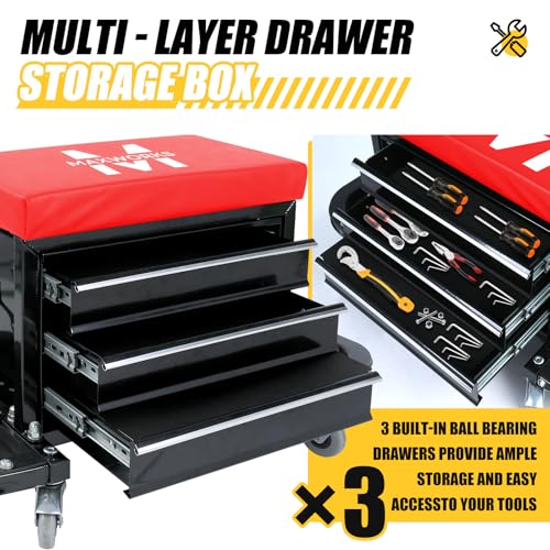 MaxWorks MW-0206 3-Drawer Rolling Tool Chest Seat – 350 lb Capacity Heavy-Duty Mechanic Stool with Magnetic Trays, Tool Rack, and Padded Cushion for Garage & Workshop