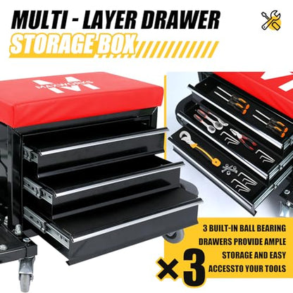 MaxWorks MW-0206 3-Drawer Rolling Tool Chest Seat – 350 lb Capacity Heavy-Duty Mechanic Stool with Magnetic Trays, Tool Rack, and Padded Cushion for Garage & Workshop