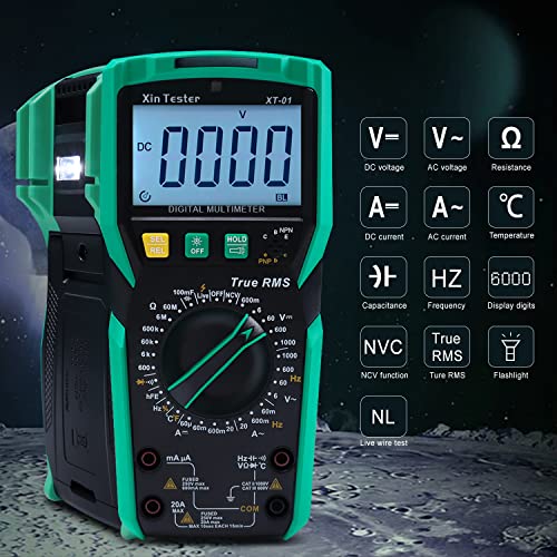 Xin Tester Digital Multimeter TRMS 6000 Counts Ohm Volt Amp Test AC DC Voltmeter Auto Ranging Continuity Test Diode Voltage Tester Duty-Cycle Capacitance Temperature for Automotive