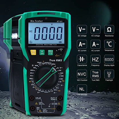 Xin Tester Digital Multimeter TRMS 6000 Counts Ohm Volt Amp Test AC DC Voltmeter Auto Ranging Continuity Test Diode Voltage Tester Duty-Cycle Capacitance Temperature for Automotive