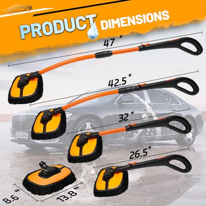 Car Wash Brush with Long Handle, Chenille Microfiber Car Wash Mop Kit, Scratch Free Car Cleaning Supplies with Ergonomic 15掳 Curved Extension Pole for RV Truck Boat Windshield - Orange - color: Orange