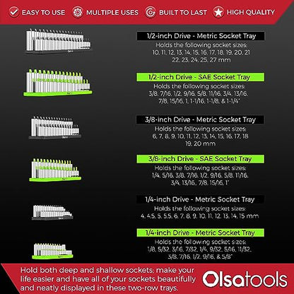 Olsa Tools SAE (Green) & Metric (Black) Socket Storage Trays - 6 Piece Set | 1/4-Inch, 3/8-Inch, 1/2-Inch Drive - Professional Quality Tool Organizer - Professional Grade - Part: 1055