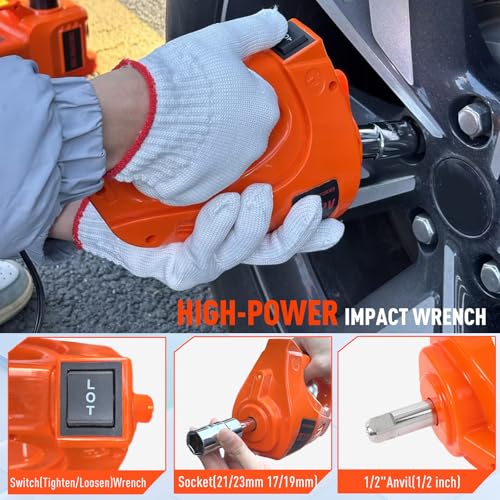 ROGTZ Electric Hydraulic Car Jack Kit with Impact Wrench and Tire Inflator Pump, 5 Ton 12V Hydraulic Jack for SUV Sedans Tire Change with LED Light - color: Orange+Wrench
