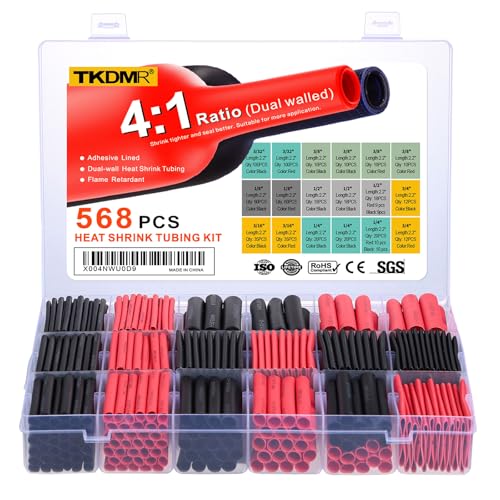 TKDMR 568 Pcs Heat Shrink Tubing Kit - 4:1 Ratio Adhesive Lined, Marine Grade Shrink Wrap - Industrial Heat Shrink Tubing,Red Black - size: 2.2" inch