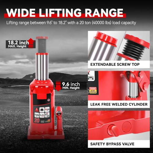 Auto Dynasty 20 Ton Hydraulic Bottle Jack, Automotive Welded Bottle Jack for Car, Pickup Truck, RV, Auto Repair, 10" to 18" Lifting Range (Red) - color: Red, size: 20 Ton