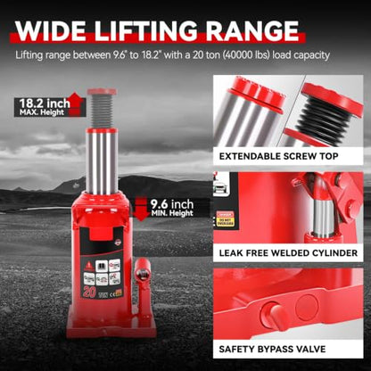 Auto Dynasty 20 Ton Hydraulic Bottle Jack, Automotive Welded Bottle Jack for Car, Pickup Truck, RV, Auto Repair, 10" to 18" Lifting Range (Red) - color: Red, size: 20 Ton