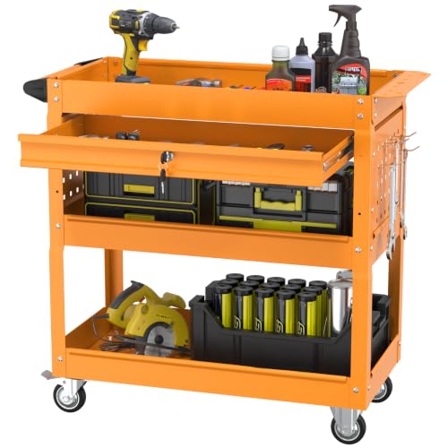 3 Tier Rolling Cart, Heavy Duty Utility Industrial Service Carts on Wheels, Metal Tool Cart with Locked Drawers, Ideal for Garage, Warehouse and Repair Shop (Orange) - color: Orange