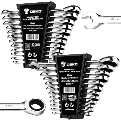 DEKOPRO 24-Piece Ratcheting Combination Wrench Set Metric 8-19mm & SAE 1/4"-7/8", Fixed-Head Ratchet Wrenches Set with Rack Organizer, Cr-V Steel 12 Point 72 Teeth - size: Metric & SAE-24 pcs