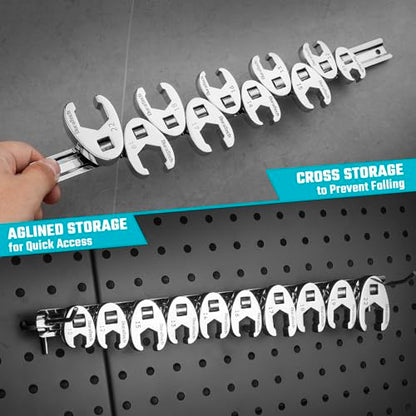 DURATECH 10-Piece 3/8" Drive Crowfoot Wrench Set, Flare Nut Wrench Set | Metric, 10mm-22mm, Designed for Tube Nuts and Flare Fittings on Brake, Fuel and A/C lines, 5-Point Grip, with Storage Rail