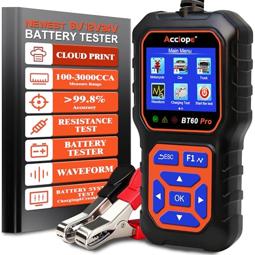 BT60 PRO Car Battery Tester 6V/12V/24V, 2-120Ah, 100-3000 CCA, Alternator & Starter/Charging System Analyzer, Automotive Load Test, QR Cloud Report (No App), for Car Truck Motorcycle Marine/RV - color: Black-Orange