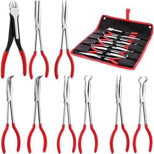 9 Piece 11 Inch Long Reach Pliers Set 45° 90° Bent, Circle, Diagonal Carbon Steel Needle Nose Pliers for Narrow Spaces and Limited Areas (Red) - color: Red