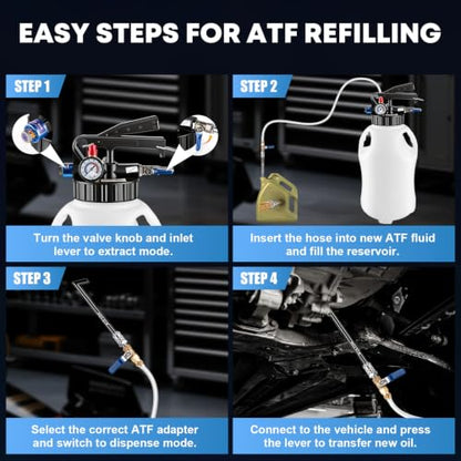 10L Transmission Fluid Pump 2 Way ATF Refill Dispenser, Pneumatic Oil Fluid Extractor & Transfer Pump with 15 Pieces ATF Adapters, Pressure Gauge & 4 Hoses for Automotive Oil Change