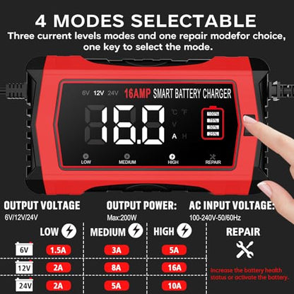 Haisito 16-Amp Smart Battery Charger (6V/12V/24V), Fully Automatic Trickle Charger Maintainer & Desulfator for Car Boat RV - Supports Lithium LiFePO4, AGM, Gel, Deep Cycle Lead-Acid Batteries - color: 16A