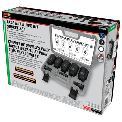 Performance Tool W89321 Axle Nut and Hex Bit Socket Set (8 Pieces) - Chrome Molybdenum Steel Construction, Extra-Deep Sockets for Secure Grip, Corrosion Protection, Fitted Storage Case - 1/2 in. Drive - style: 8 Pc. Axle Nut and Hex Bit Socket Set