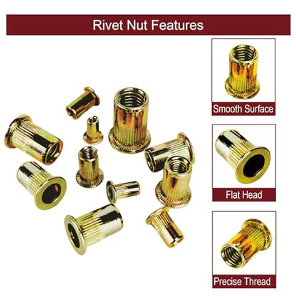 M6 Rivnut Rivet Nut Kit - Napia 100pcs M6 Rivet Nuts Rivnuts Tool Kit, Carbon Steel Flat Head Hardware Nuts Threaded Inserts for Metal