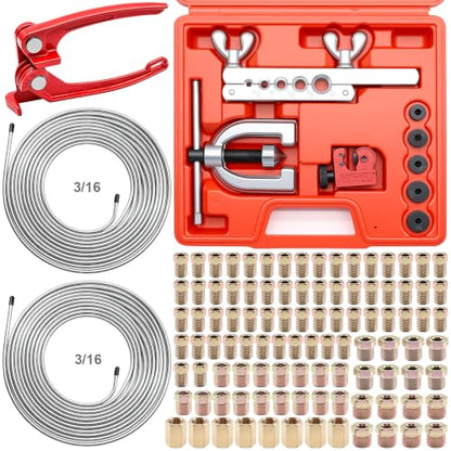 3/16 Inch Brake Line Repair Kit, 2 Set 25FT 3/16 Inch Brake Line with 102Pcs Fittings (Includes 8 Unions) and Double & Single Brake Line Flaring Tool Kit & Brake Line Bender(Silver) - size: 3/16 + 3/16 Inch Gold, style: Brake Line Kit & Tube Bender