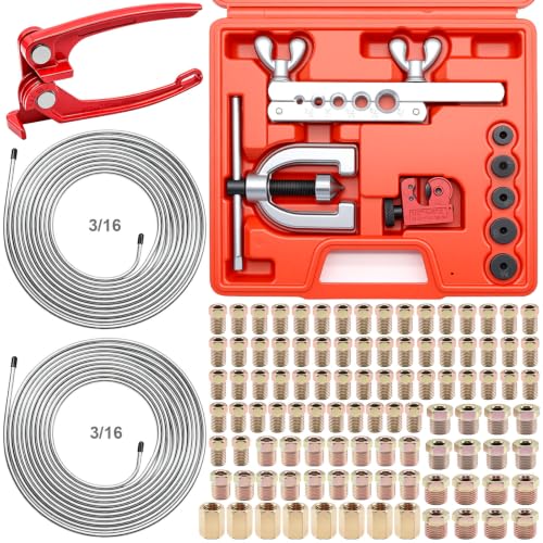 3/16 Inch Brake Line Repair Kit, 2 Set 25FT 3/16 Inch Brake Line with 102Pcs Fittings (Includes 8 Unions) and Double & Single Brake Line Flaring Tool Kit & Brake Line Bender(Silver) - size: 3/16 + 3/16 Inch Gold, style: Brake Line Kit & Tube Bender