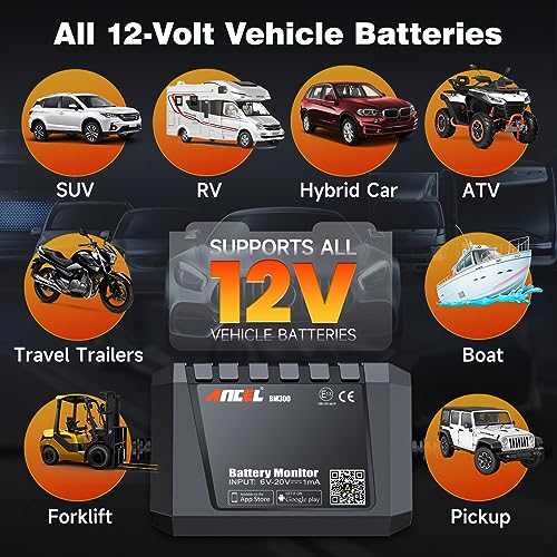 ANCEL BM300 12V Battery Monitor, Bluetooth 4.0 Automotive Voltmeter with Charging, Cranking System Test & Alarm - Compatible for Solar Power Systems, RVs, Motorcycles, Boats, Cars, and Trucks - color: Black
