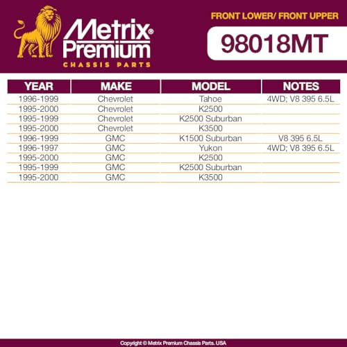 Metrix Premium Chassis Parts - 4 PC Front Upper & Front Lower Ball Joint Kit Fits 96-99 Chevrolet Tahoe, 95-00 K2500, 95-99 K2500 Suburban, GMC K2500 Suburban, 95-00 K3500, K6509 K6344, Made in Europe