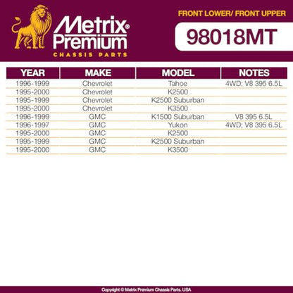 Metrix Premium Chassis Parts - 4 PC Front Upper & Front Lower Ball Joint Kit Fits 96-99 Chevrolet Tahoe, 95-00 K2500, 95-99 K2500 Suburban, GMC K2500 Suburban, 95-00 K3500, K6509 K6344, Made in Europe