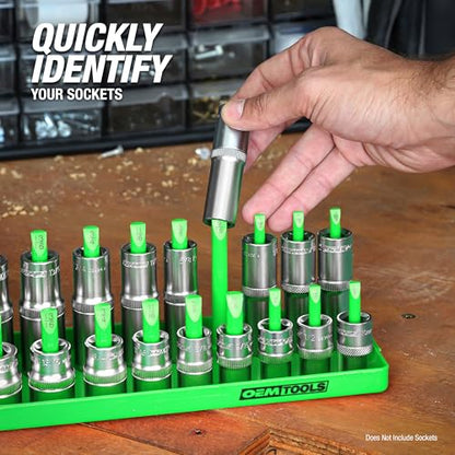 OEMTOOLS 22205 3/8 Socket Organizer (SAE), Socket Holder For Organizing Deep and Shallow Sockets, Labeled Posts, Dual Rail, Holds 1/4" to 1" | Dual Rail System Socket Holder, Socket Tray with Labeled Posts, Holds 1/4" to 1", Socket Organizer for Tool Box