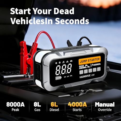 4000A Car Jump Starter with Air Compressor150PSI | Portable Car Battery Jump Starter, 12V Jump Box Battery Pack (8L Gas 6L Diesel Engine) with Boost, LEDLight and Jumper Cables - color: Sliver