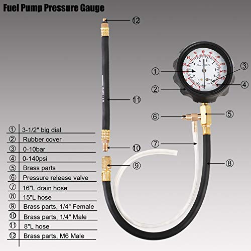 YSTOOL Fuel Pressure Tester Engine Injector Pump Test Gauge Kit 140PSI | Automotive Gasoline Gas Injection Manometer Tool Set with Inline Fitting Schrader Adapter for Auto Car Motorcycle Red Case