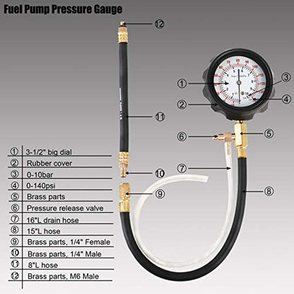 YSTOOL Fuel Pressure Tester Engine Injector Pump Test Gauge Kit 140PSI | Automotive Gasoline Gas Injection Manometer Tool Set with Inline Fitting Schrader Adapter for Auto Car Motorcycle Red Case