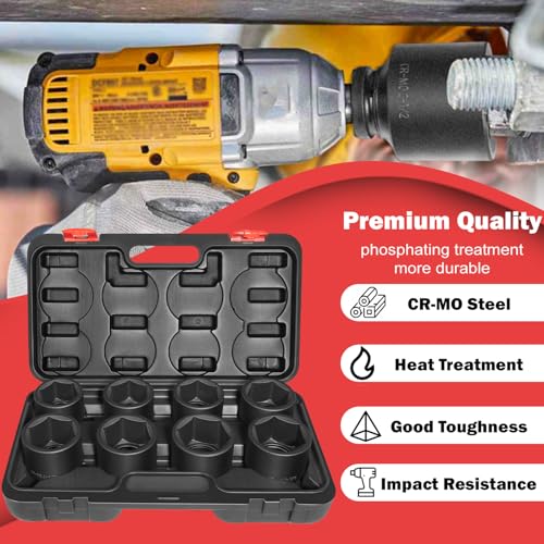 8PCS 3/4" Drive Spindle Axle Nut Impact Socket Set, 2-1/16" to 2-1/2" | Heavy Duty 6-Point CR-MO Chromoly Steel for Truck & Auto Repair