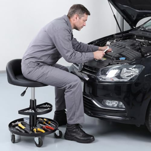 Height Adjustable Rolling Mechanic Perch with Backrest, 360° Swivel Wheeled Work Bench with Dual Tier Tool Storage Tray, 300Lbs Heavy-Duty Padded Work Seat for Garage Auto Repair Salon Tattoo Black