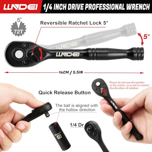 LLNDEI 1/4" Impact Socket Set 83 Pieces, SAE(5/32-9/16 in) Metric (4-15mm) | 72T Ratchet Wrench Handle,CR-V Mechanics Tool Set with Adapter, Screwdriver Bits for Automotive Repair - size: 83-Piece 1/4" Drive Impact Socket Set