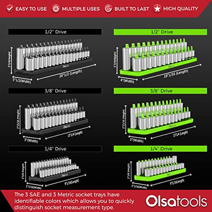 Olsa Tools SAE (Green) & Metric (Black) Socket Storage Trays - 6 Piece Set | 1/4-Inch, 3/8-Inch, 1/2-Inch Drive - Professional Quality Tool Organizer - Professional Grade - Part: 1055