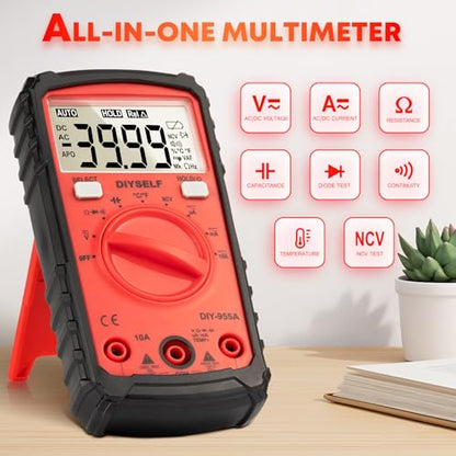 DIYSELF Multimeter Tester, 4000 Counts Multimeter with Capacitor Tester | Digital Multimeter Tester Measures DC/AC Voltage, Capacitance, Resistance and Continuity for Home and Automotive Use