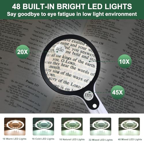Magnifying Glass with 48 LED Light, 10X 20X 45X Handheld Illuminated Lighted Magnifier with 5 Light Modes Rechargeable Magnifying Glass for Seniors Reading Inspection (Black & White) - color: White Handle